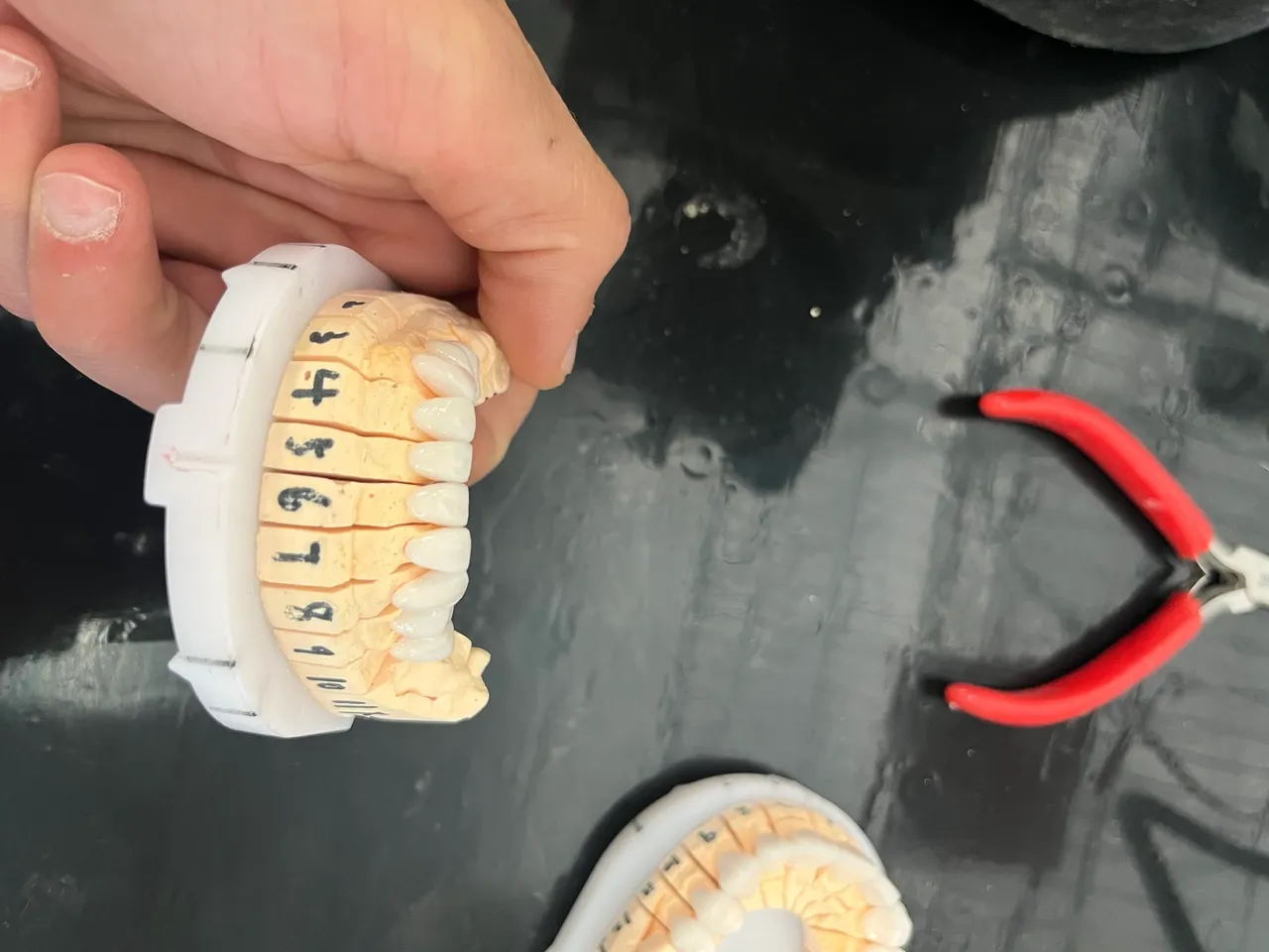 Dental mold held with red pliers nearby.